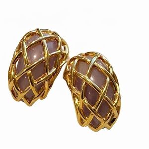 Vintage KJL Kenneth Jay Lane Gold Tone Dusty Pink Cabochon Clip-On Earrings